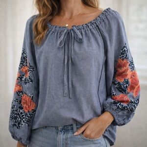 Parker Embroidered Peasant Blouse Blue Floral Boho Tie Neck Size S